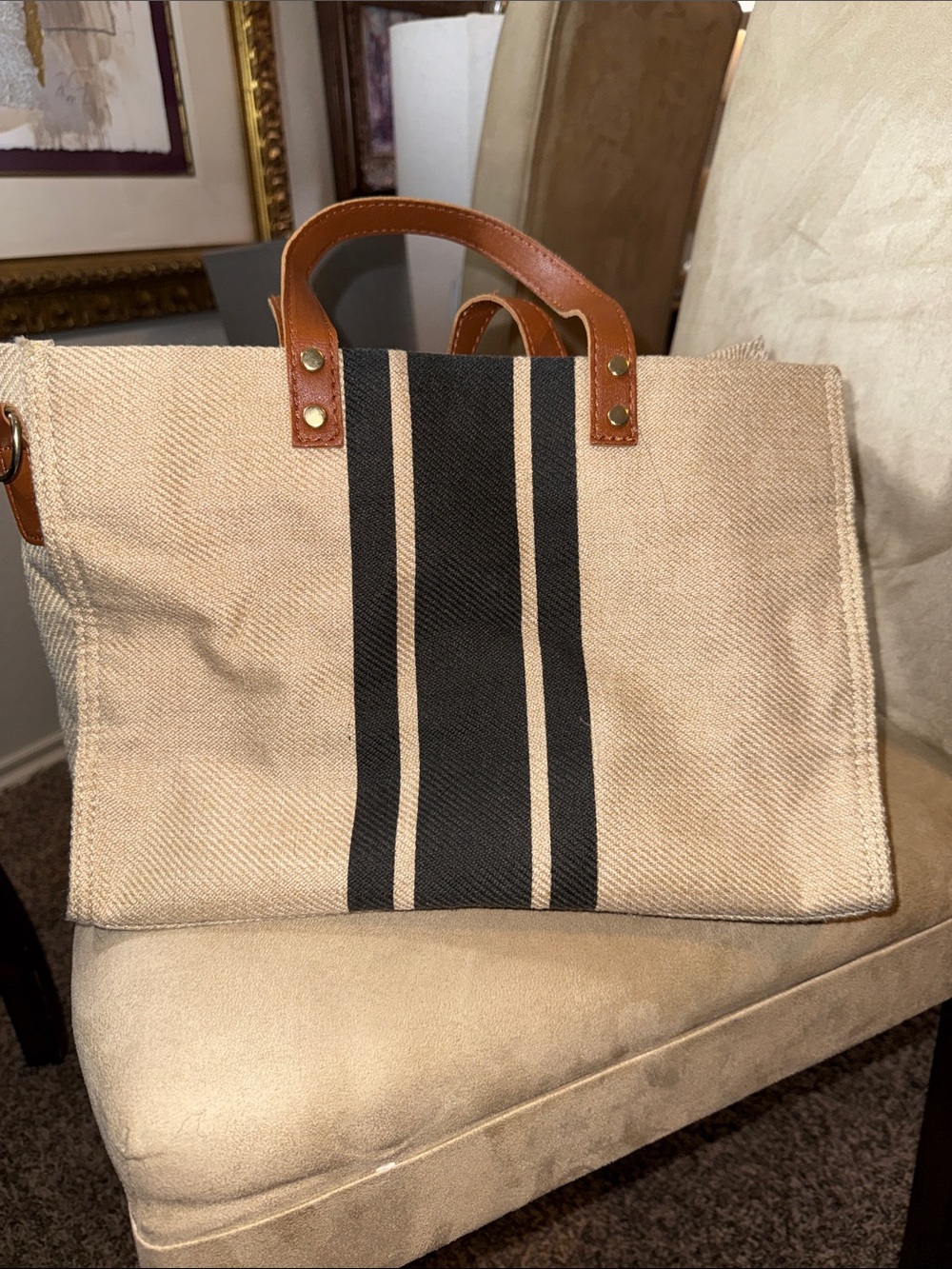 Canvas Tote Bag with Black Stripe and Brown Leather Handles